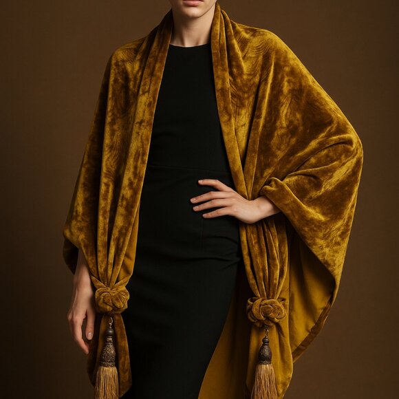 Vtg Unbranded Gold Crushed Velvet TasselShawl Wrap Cape Boho Opera Evening Stole - Picture 2 of 10